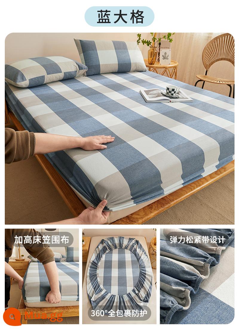 Cotton Giặt Cotton Trang Bị Tấm Đơn 100 Cotton Trải Giường Ký Túc Xá Đơn Tấm Bảo Vệ Nệm Vỏ Gối 3 Bộ 3 - Lưới xanh [100% cotton đã giặt]