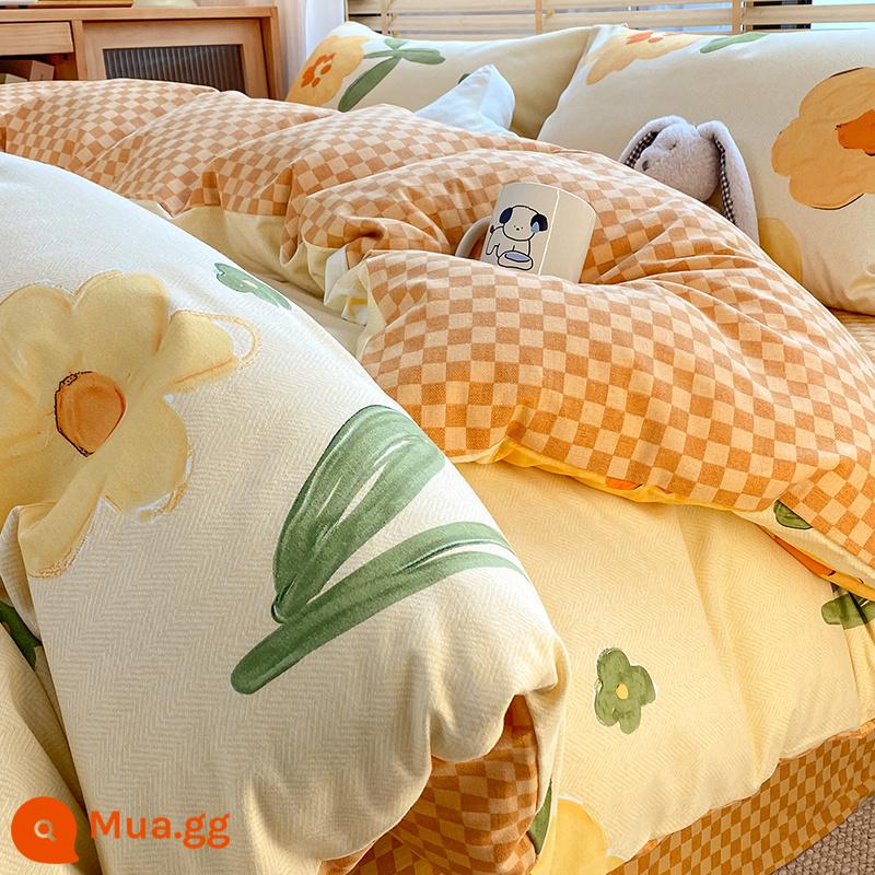 Catman nguyên chất cotton chải 4 món thu đông dày nguyên chất cotton mùa đông chăn ga gối đệm Bộ 3 món 2023 phong cách mới - Orange Blossom Fun [100 cotton nguyên chất dày chải]