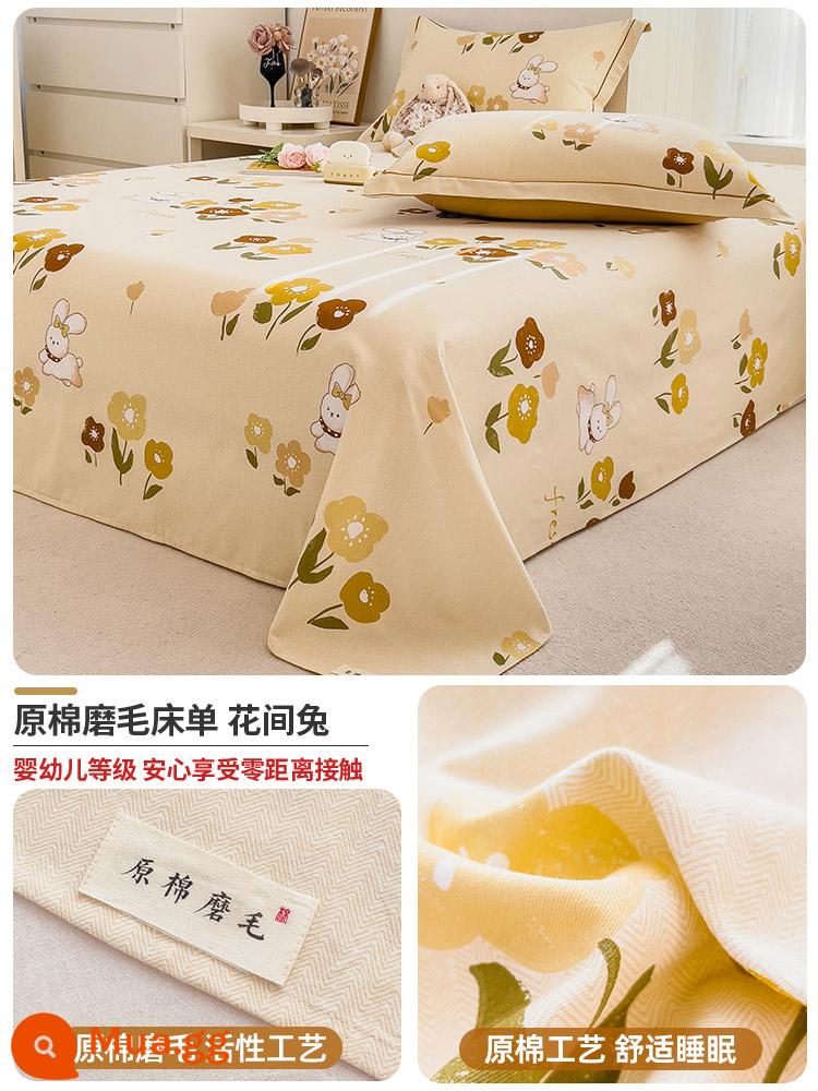 Tấm ga trải giường bằng vải cotton nguyên chất dày dặn một mảnh 100 cotton mùa thu đông vải thô cũ Vỏ chăn bông đơn cho trẻ em Bộ ba món 3 - Thỏ giữa hoa