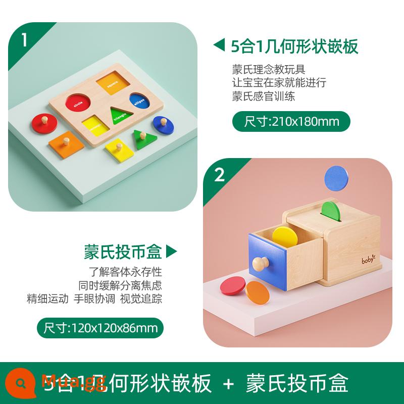 bảng giáo dục sớm boby Montessori bảng ghép hình đồ chơi giáo dục ghép hình bảng nắm lấy tay trẻ em 1 đến 2 tuổi rưỡi bé - Bảng hình học 5 trong 1 + Hộp đựng tiền xu Montessori (có túi đựng)