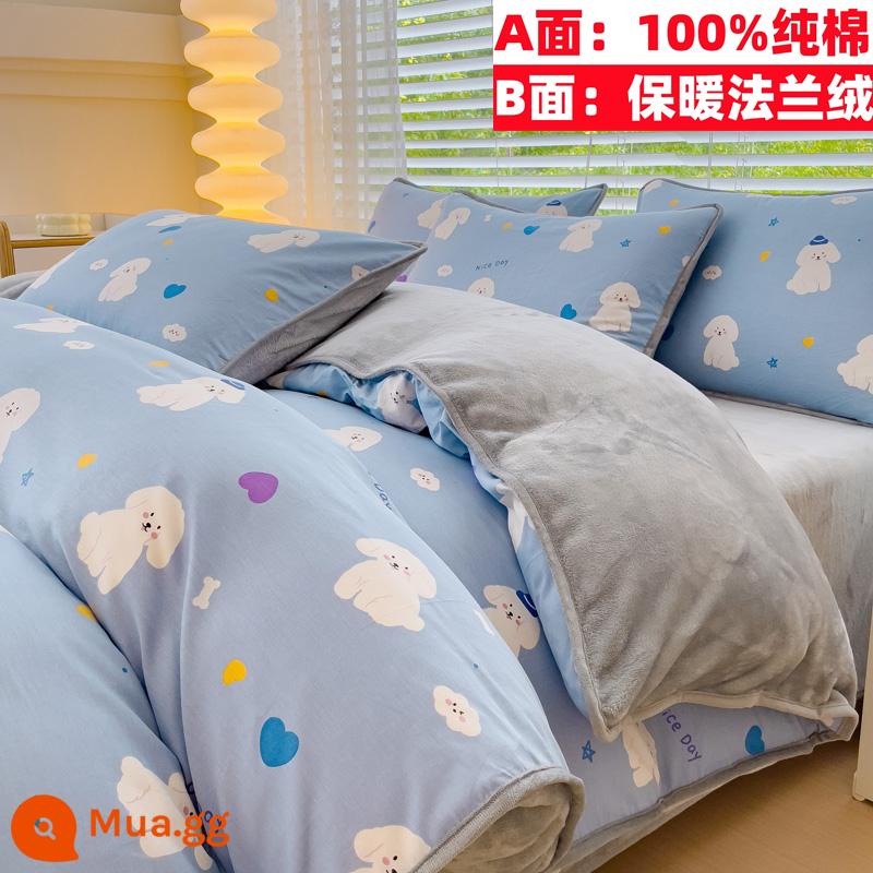 Cotton nguyên chất nhung một mặt vỏ chăn nỉ san hô flannel đơn ký túc xá sinh viên đơn người mùa đông trẻ em ab-mặt cotton - Jigou (tất cả cotton và nhung)