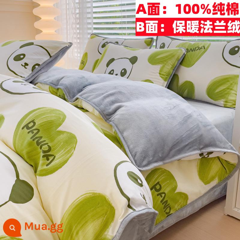 Cotton nguyên chất nhung một mặt vỏ chăn nỉ san hô flannel đơn ký túc xá sinh viên đơn người mùa đông trẻ em ab-mặt cotton - Love Panda (100% cotton và nhung)