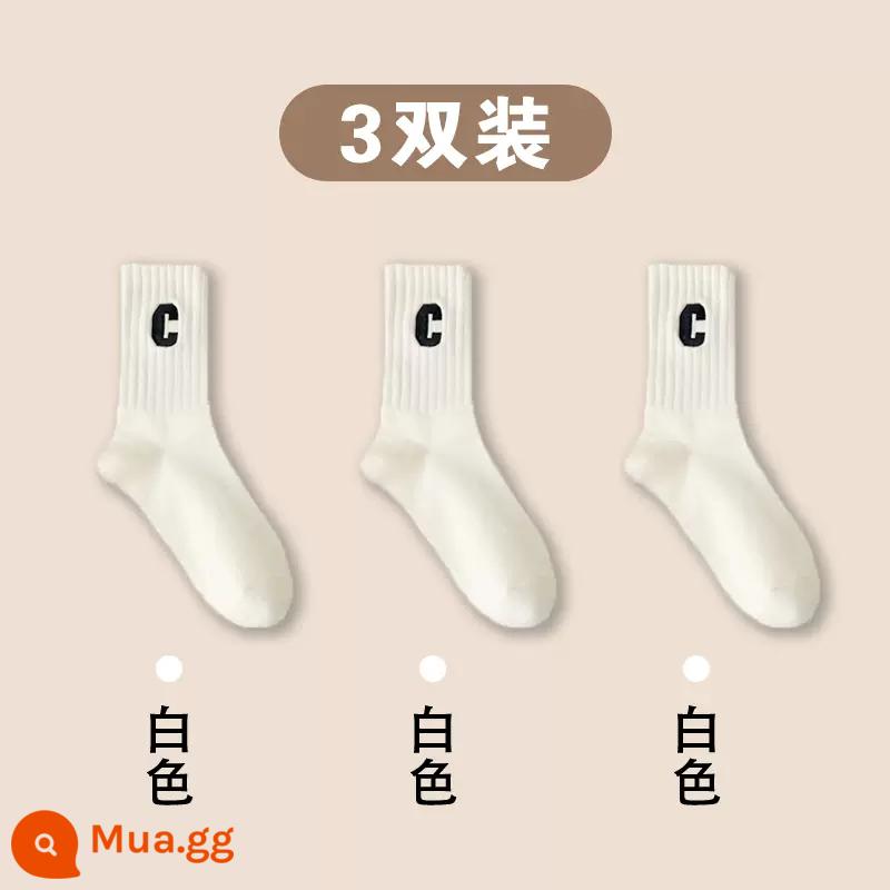 Tất Nữ Xuân Thu Cotton Tân Cương Với Quần Cá Mập Mặc Ngoài Giữa Bắp Tất Vớ Cotton Chữ C Hợp Thời Trang Vớ - Gói 3 đôi [3 đôi màu trắng]