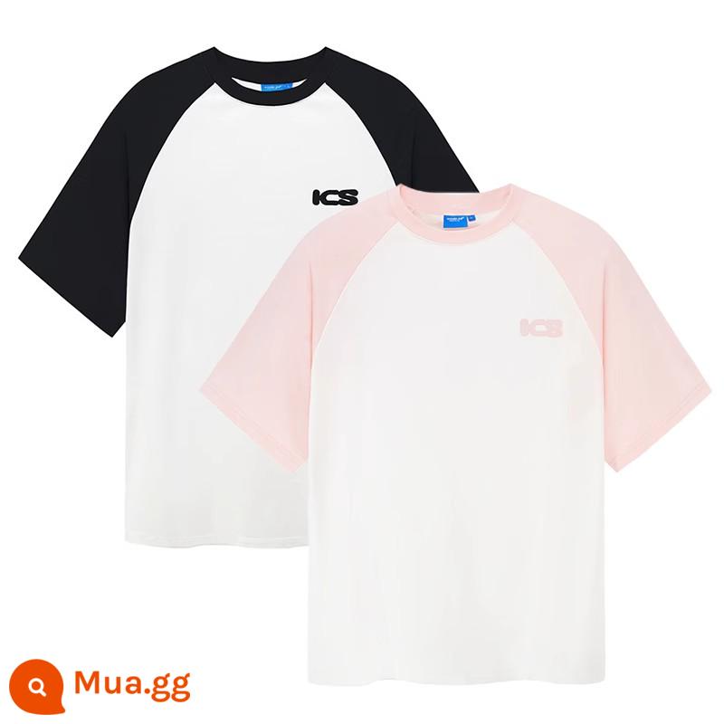 [Zhu Zhengting cùng phong cách] ICONSLABICS tay áo raglan in chữ áo thun ngắn tay nam nữ trang phục cặp đôi mùa hè - Phối đen trắng + hồng đào