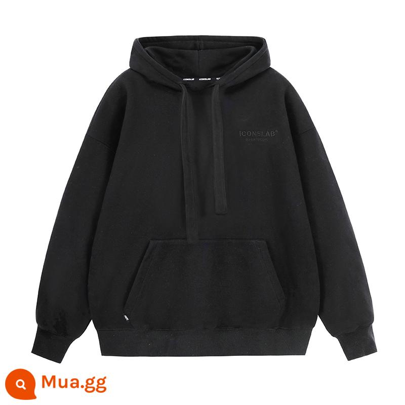 [SSUR PLUS] ICONSLAB áo hoodie có logo cơ bản cùng màu thêu mũ dày dây áo hoodie nặng - đen