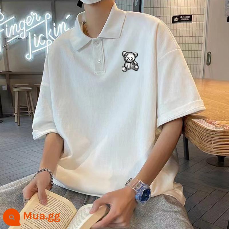 Áo sơ mi polo ngắn tay bằng cotton nguyên chất mùa hè dành cho nam thương hiệu hợp thời trang rộng rãi theo phong cách Hồng Kông thiết kế cảm giác thích hợp quần áo hàng đầu ins xu hướng áo thun - [3555-Gấu] Trắng