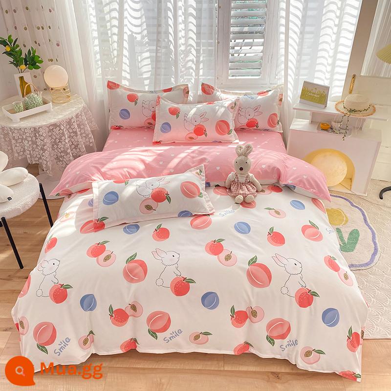 Lưới đỏ cotton nguyên chất 4 mảnh 100 ga trải giường cotton vỏ chăn 1.8 đôi vỏ chăn trải giường Bộ 4 món mùa thu và mùa đông nguồn cung cấp - Thỏ đào xanh quân đội Y