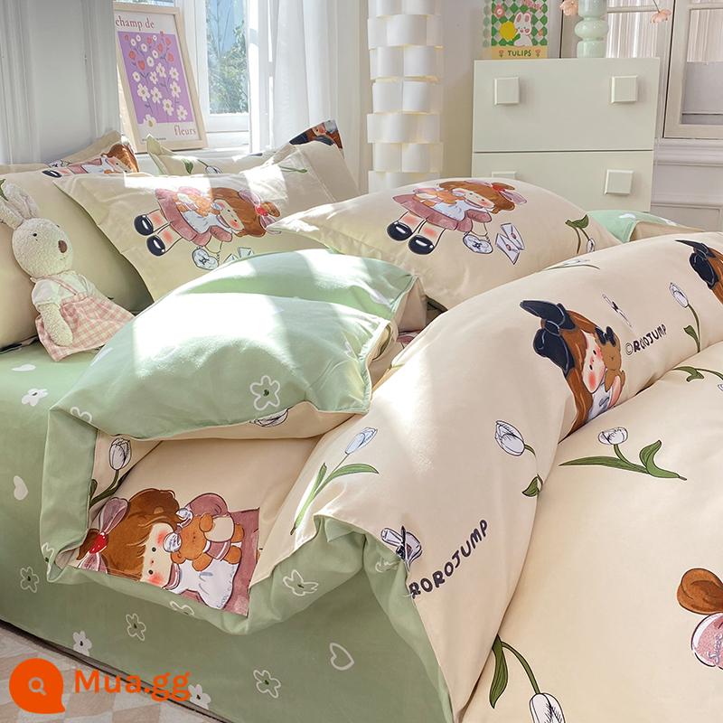 Lưới đỏ cotton nguyên chất 4 mảnh 100 ga trải giường cotton vỏ chăn 1.8 đôi vỏ chăn trải giường Bộ 4 món mùa thu và mùa đông nguồn cung cấp - Màu sô cô la mỉm cười nhẹY