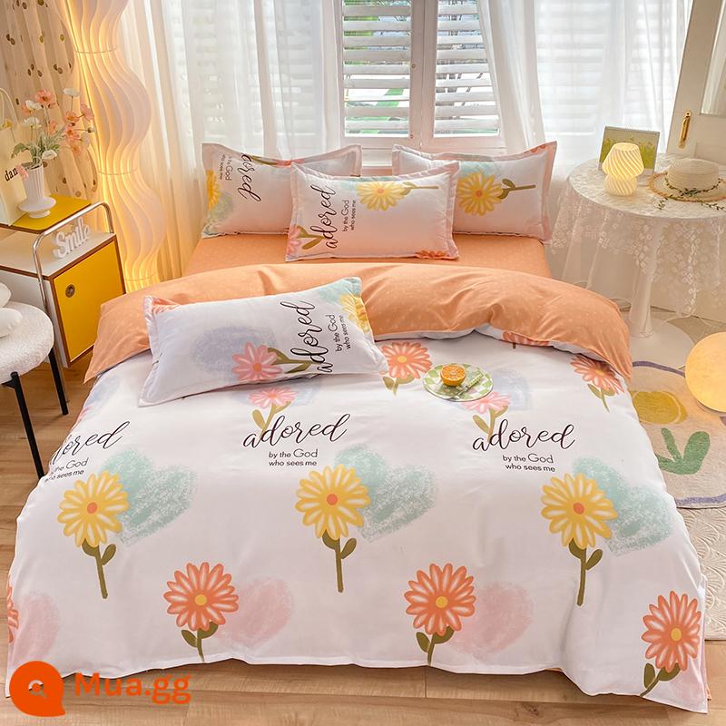 Lưới đỏ cotton nguyên chất 4 mảnh 100 ga trải giường cotton vỏ chăn 1.8 đôi vỏ chăn trải giường Bộ 4 món mùa thu và mùa đông nguồn cung cấp - Hoa hướng dương vàng rực rỡ