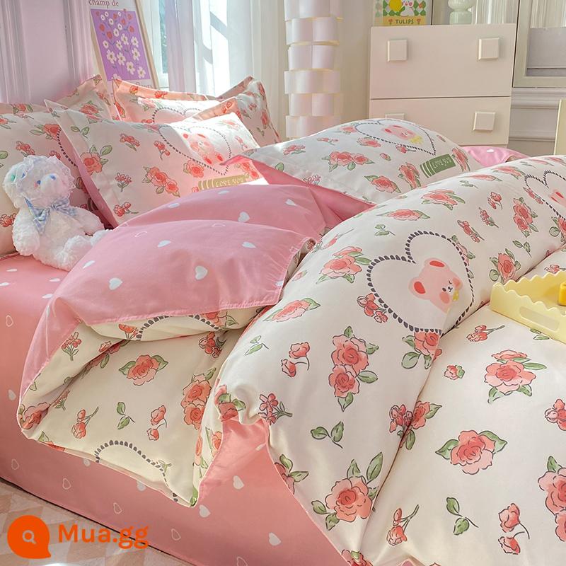 Lưới đỏ cotton nguyên chất 4 mảnh 100 ga trải giường cotton vỏ chăn 1.8 đôi vỏ chăn trải giường Bộ 4 món mùa thu và mùa đông nguồn cung cấp - Tâm trạng nhỏ màu xanh nhạt Y