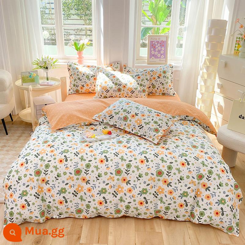 Lưới đỏ cotton nguyên chất 4 mảnh 100 ga trải giường cotton vỏ chăn 1.8 đôi vỏ chăn trải giường Bộ 4 món mùa thu và mùa đông nguồn cung cấp - Bạch Hoa Viên Vàng chanh Y