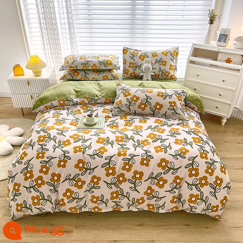 Lưới đỏ cotton nguyên chất 4 mảnh 100 ga trải giường cotton vỏ chăn 1.8 đôi vỏ chăn trải giường Bộ 4 món mùa thu và mùa đông nguồn cung cấp - Ngôn ngữ lá rừng