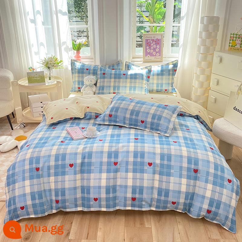 Lưới đỏ cotton nguyên chất 4 mảnh 100 ga trải giường cotton vỏ chăn 1.8 đôi vỏ chăn trải giường Bộ 4 món mùa thu và mùa đông nguồn cung cấp - Mai Annie Y