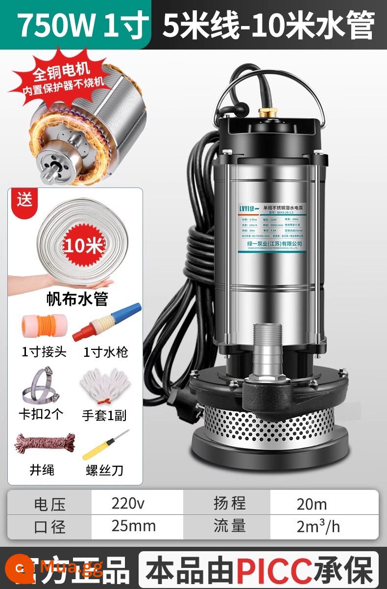 Máy bơm chìm 220V máy bơm nước thải nhỏ máy bơm hộ gia đình máy bơm nông nghiệp đầu cao lưu lượng lớn tưới tiêu nước thải - Dây thép không gỉ 750W1 inch-5 mét + ống nước 10 mét