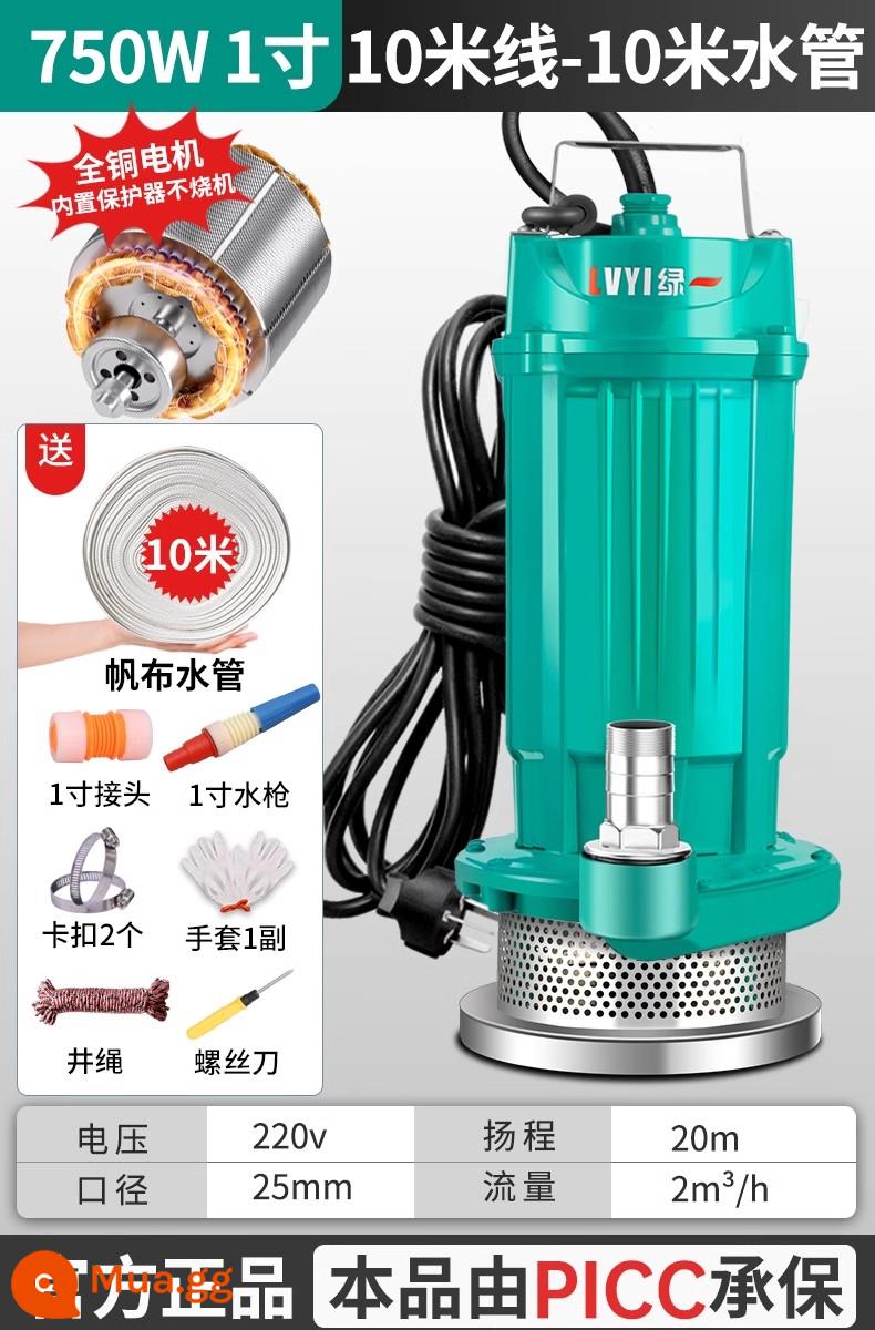 Máy bơm chìm 220V máy bơm nước thải nhỏ máy bơm hộ gia đình máy bơm nông nghiệp đầu cao lưu lượng lớn tưới tiêu nước thải - Thang máy cao 750W 1 inch - Dây 10 mét + ống nước 10 mét