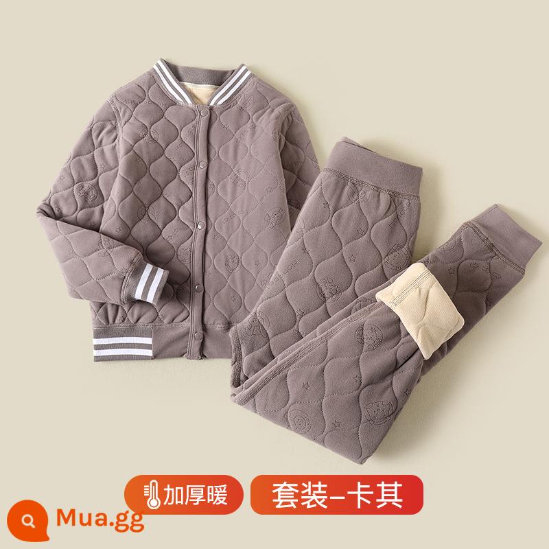 Đồng phục hiện vật trẻ em bông áo lót bên trong mùa đông nhung dày ấm áo quần áo cotton bé gái làm nóng quần áo và quần - [Khaki] Bộ tạo tác đồng phục học sinh bằng len, chịu lạnh đến -20oC