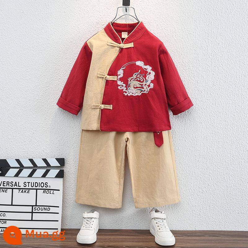 Bé Trai Hanfu Mùa Hè Bé Trai Áo Sơ Mi Tay Ngắn Phù Hợp Với 2023 Quốc Gia Mới Phong Cách Cổ Trang Phục Trẻ Em Quần Áo Mùa Thu Thầy Trẻ Trung Quốc Đường phù Hợp Với - tay áo dài màu đỏ