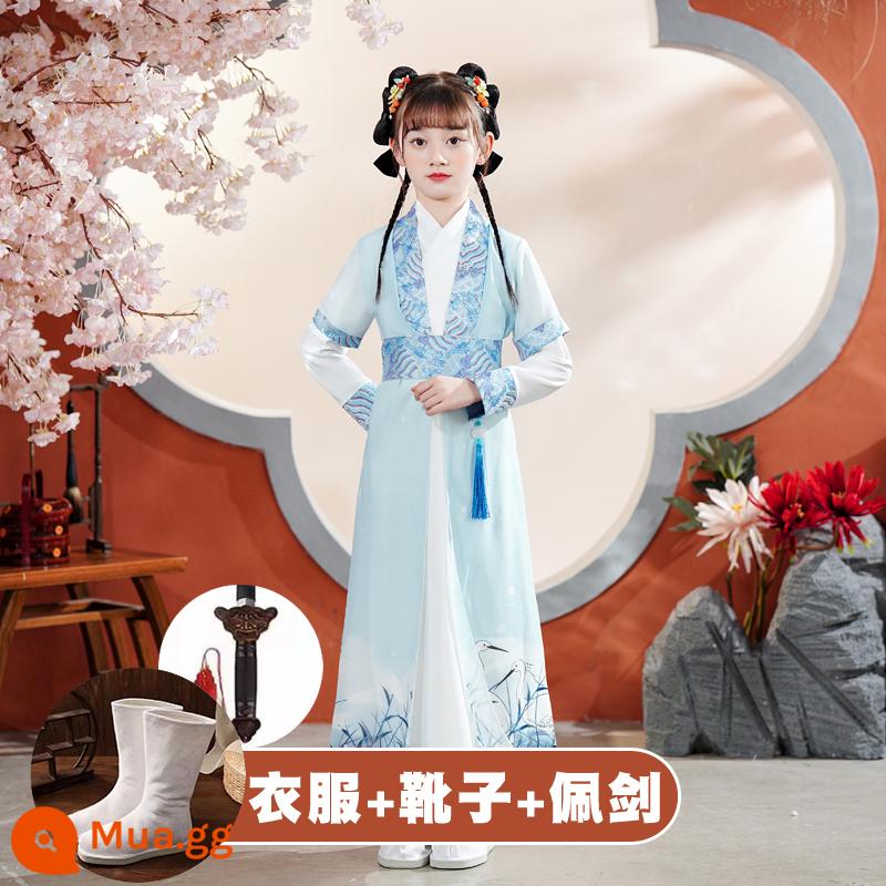 Quần áo trường học quốc gia dành cho trẻ em Hanfu Nam sinh mùa hè Trang phục kinh ba nhân vật Cô gái Ngày thiếu nhi Tang Suit Học sinh tiểu học Sách trẻ em Trang phục cổ đại - Khăn choàng nữ + bốt + kiếm [lưu ý cỡ giày]