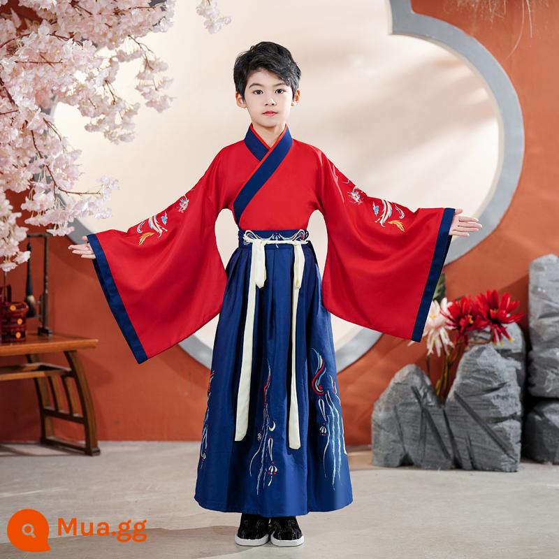 Quần áo trường học quốc gia dành cho trẻ em Hanfu Nam sinh mùa hè Trang phục kinh ba nhân vật Cô gái Ngày thiếu nhi Tang Suit Học sinh tiểu học Sách trẻ em Trang phục cổ đại - Phong cách nam giới với thân trên màu đỏ và tay áo rộng màu xanh nước biển