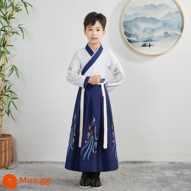 Quần áo trường học quốc gia dành cho trẻ em Hanfu Nam sinh mùa hè Trang phục kinh ba nhân vật Cô gái Ngày thiếu nhi Tang Suit Học sinh tiểu học Sách trẻ em Trang phục cổ đại - Kiểu dáng nam giới, thân trên màu trắng và tay áo thẳng màu xanh nước biển