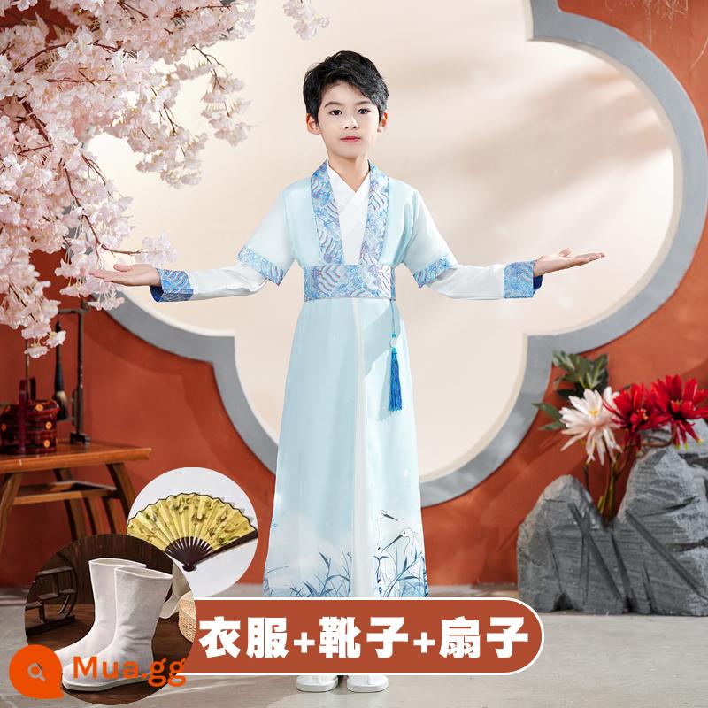 Quần áo trường học quốc gia dành cho trẻ em Hanfu Nam sinh mùa hè Trang phục kinh ba nhân vật Cô gái Ngày thiếu nhi Tang Suit Học sinh tiểu học Sách trẻ em Trang phục cổ đại - Cần cẩu khăn choàng bên ngoài và trang phục bên trong dành cho nam + bốt + quạt [lưu ý cỡ giày]