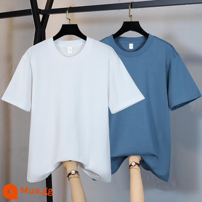 Mua một tặng một Áo sơ mi cộc tay nặng bằng cotton nguyên chất Tân Cương cho nam màu trơn Áo thun trắng ngắn tay tinh khiết Áo thun trắng mùa hè - Trắng + xanh sương mù (màu trắng nhỏ số 1)