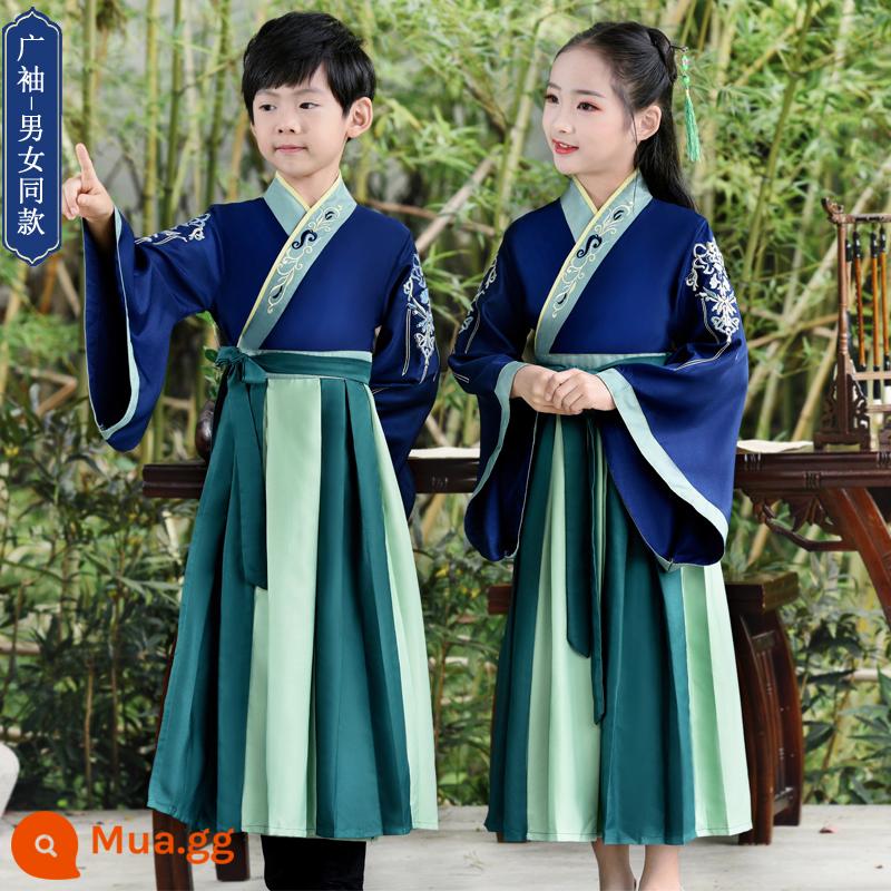 Đồng phục học sinh Trung Quốc của nam sinh Hanfu Trang phục cổ xưa phong cách Trung Quốc cuốn sách dành cho trẻ em trang phục biểu diễn ngâm thơ Trang phục biểu diễn của trẻ em Kinh Ba Chữ - Tay áo rộng Như Ý màu xanh hải quân