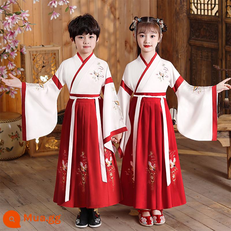 Đồng phục học sinh Trung Quốc của nam sinh Hanfu Trang phục cổ xưa phong cách Trung Quốc cuốn sách dành cho trẻ em trang phục biểu diễn ngâm thơ Trang phục biểu diễn của trẻ em Kinh Ba Chữ - Tay áo rộng màu đỏ Yunfeihe [nam và nữ giống nhau]