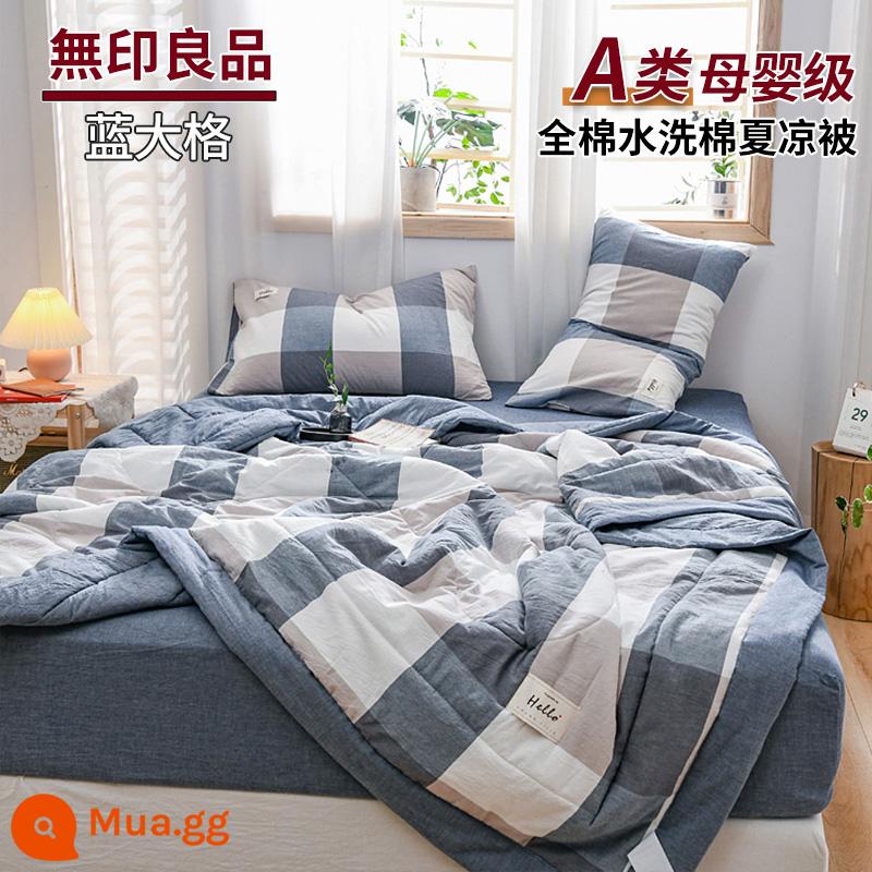 MUJI cotton cotton có thể giặt được chăn mỏng mùa hè chăn bông nguyên chất thoáng mát chăn bốn món điều hòa không khí chăn mùa hè có thể giặt bằng máy - Lưới xanh [bông loại A dành cho mẹ và bé]