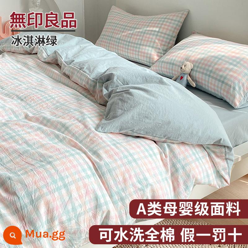 MUJI Giường 4 Món Bộ Ga Giường Cotton Vỏ Chăn 100 Bông Nguyên Chất Giường Túi Vỏ Chăn Ký Túc Xá 3 Bộ Chăn Ga Gối 4 - Màu xanh kem [không vón cục và không phai màu - thích hợp để ngủ khỏa thân]