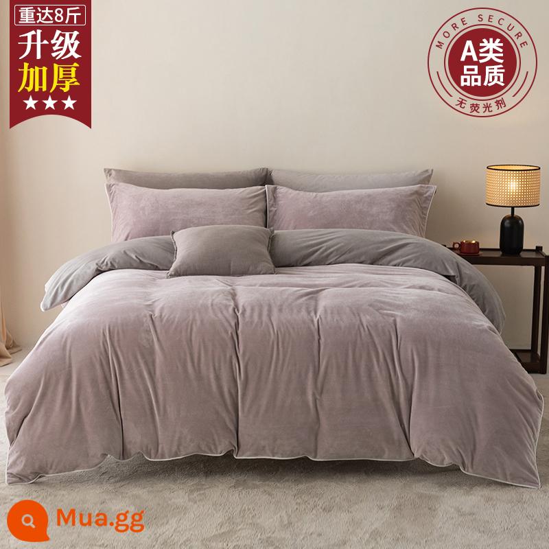 Sữa MUJI Nhung Giường 4 Bộ Nhung San Hô Mùa Đông 2 Mặt Plus Nhung Giường Vỏ Chăn Dép Nỉ Chăn Ga Gối - Khoai môn xay nhuyễn - xám nhạt [Nhung baby loại A, chống tĩnh điện, không rụng lông]