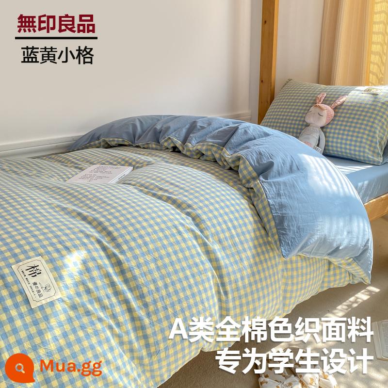 MUJI sinh viên đại học ký túc xá giường 3 bộ cotton nguyên chất ga giường đơn vỏ chăn ga gối 4 Bộ 6 - Lưới nhỏ màu xanh và vàng [Loại A 100% cotton giặt sạch, thân thiện với da và có thể ngủ khỏa thân]