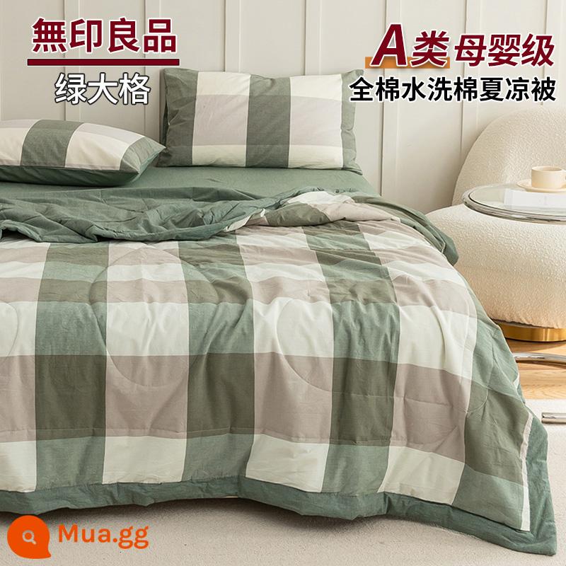 MUJI cotton cotton có thể giặt được chăn mỏng mùa hè chăn bông nguyên chất thoáng mát chăn bốn món điều hòa không khí chăn mùa hè có thể giặt bằng máy - Lưới lớn màu xanh lá cây [100% cotton loại A dành cho bà mẹ và trẻ sơ sinh]