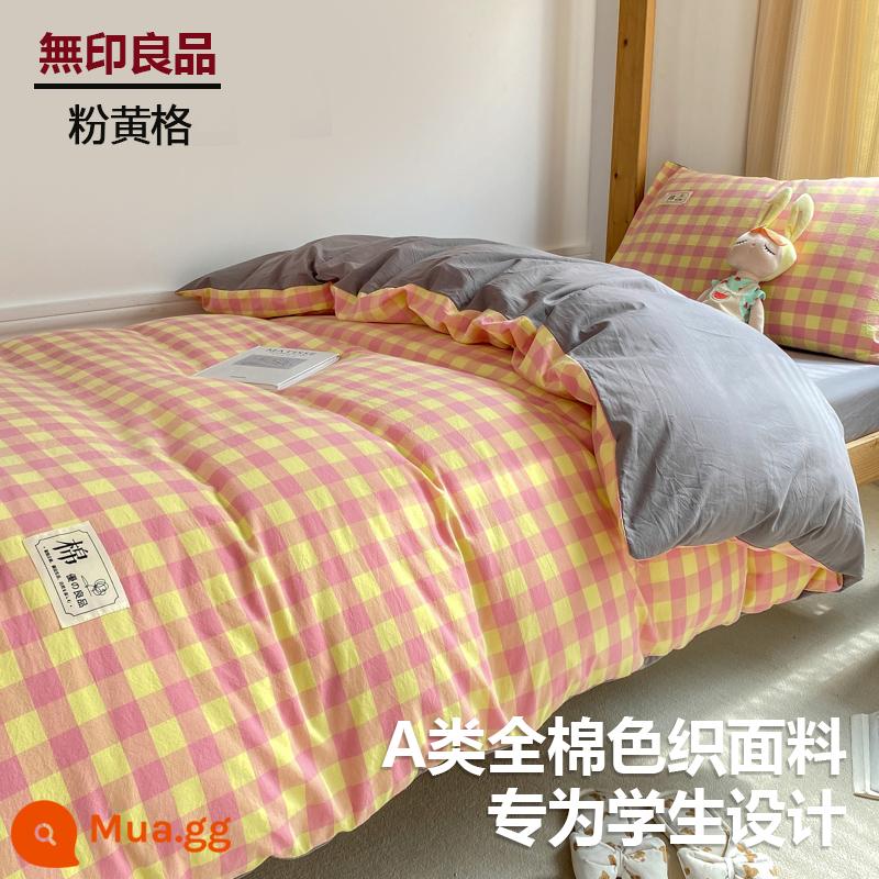 MUJI sinh viên đại học ký túc xá giường 3 bộ cotton nguyên chất ga giường đơn vỏ chăn ga gối 4 Bộ 6 - Lưới màu hồng và màu vàng [Loại A 100% cotton đã giặt, thân thiện với da và có thể ngủ khỏa thân]