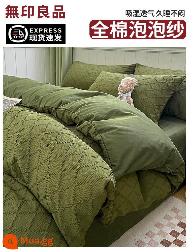 MUJI waffle cotton giường bốn mảnh bộ 100 cotton rửa sạch vỏ chăn ba mảnh giường bộ chăn ga gối 4 - Seersucker-xanh ô liu [100% cotton seersucker]