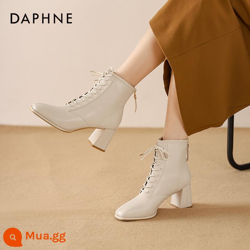 Giày bốt Daphne Martin nữ 2023 mới thu đông hợp mốt giày bốt nữ đế dày đến giữa bắp chân giày bốt ngắn kiểu phương Tây - Màu trắng nhạt [hình ảnh chính]