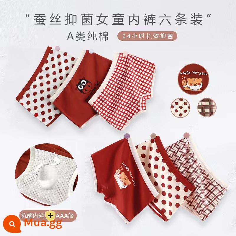 Quần lót bé gái cotton nguyên chất boxer Phong cách năm mới bé gái quần đùi tam giác bé trung và lớn trẻ em năm con thỏ quần đỏ - Lucky Tiger + Lucky Ox #Diệt khuẩn đũng quần Boxer 6 gói