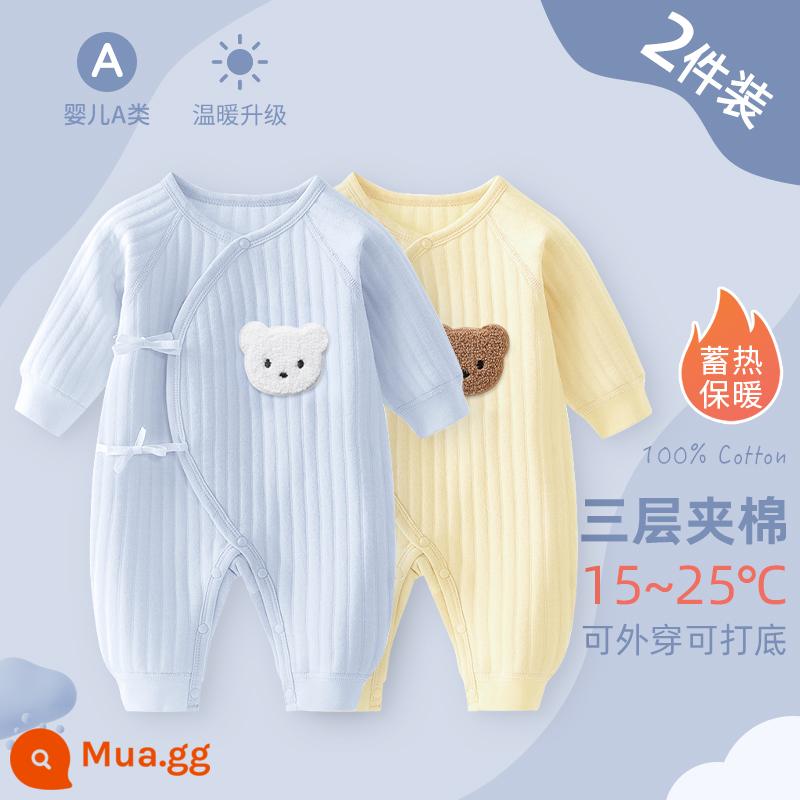 Bộ áo liền quần cho bé sơ sinh, bộ đồ ngủ cotton nguyên chất mùa xuân thu ấm áp cho bé, quần áo sơ sinh, áo choàng dày cho bé sơ sinh - Bộ 2 màu xanh và vàng