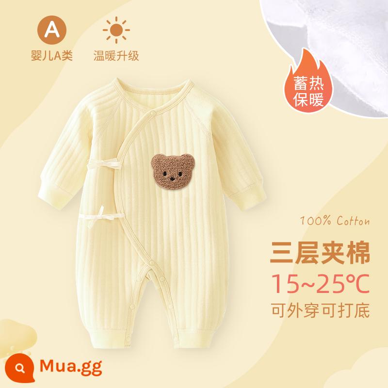 Bộ áo liền quần cho bé sơ sinh, bộ đồ ngủ cotton nguyên chất mùa xuân thu ấm áp cho bé, quần áo sơ sinh, áo choàng dày cho bé sơ sinh - Gấu bông màu vàng