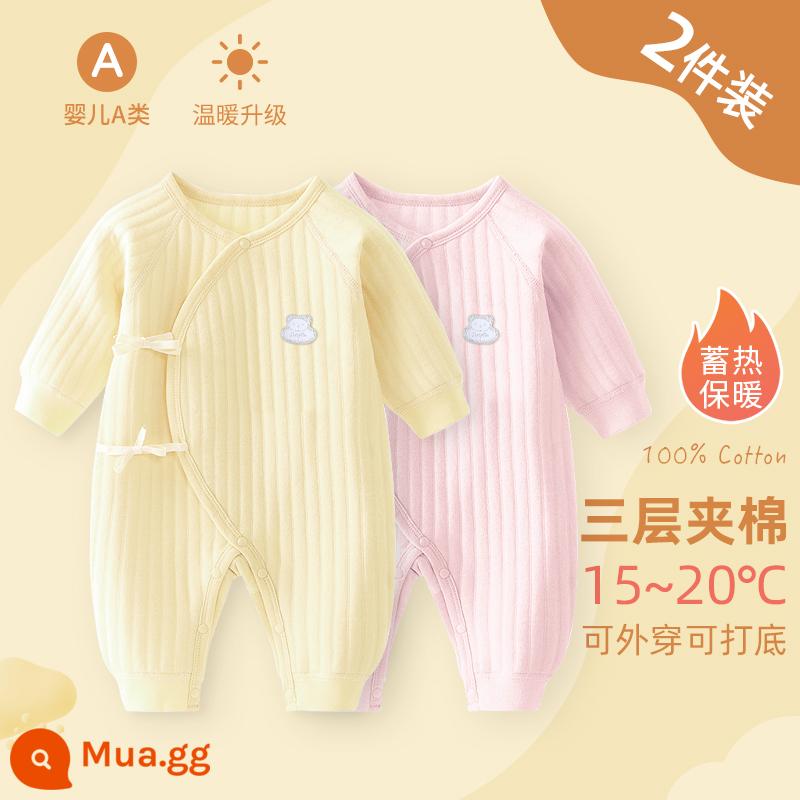 Bộ áo liền quần cho bé sơ sinh, bộ đồ ngủ cotton nguyên chất mùa xuân thu ấm áp cho bé, quần áo sơ sinh, áo choàng dày cho bé sơ sinh - Bộ 2 màu vàng + hồng