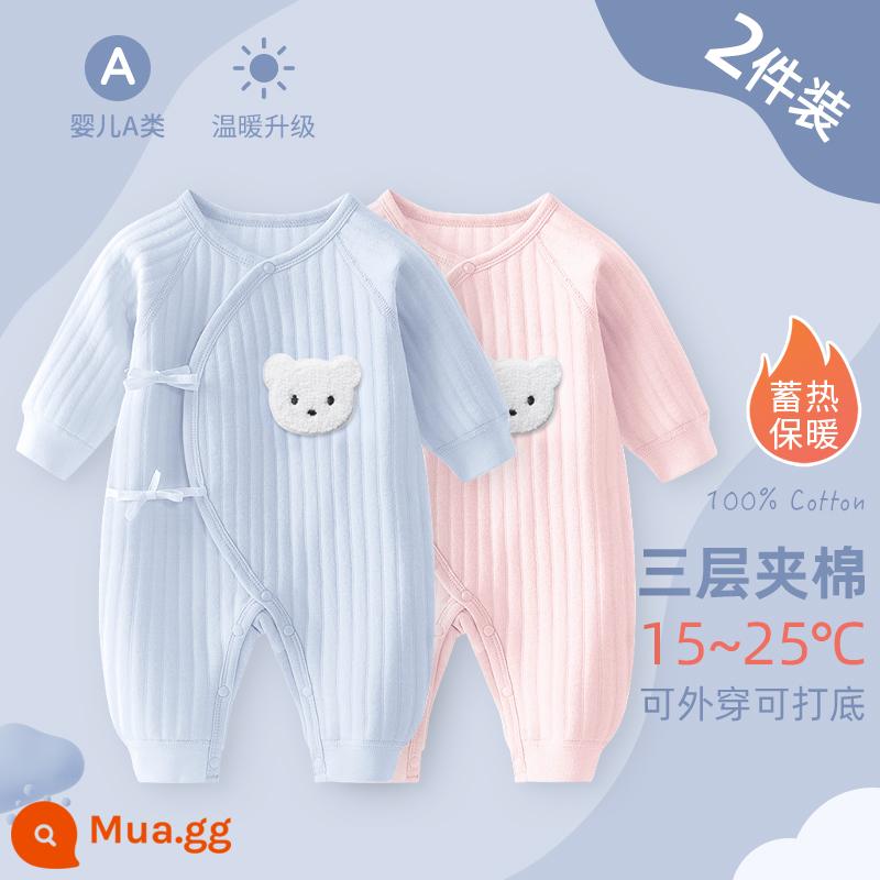 Bộ áo liền quần cho bé sơ sinh, bộ đồ ngủ cotton nguyên chất mùa xuân thu ấm áp cho bé, quần áo sơ sinh, áo choàng dày cho bé sơ sinh - Bộ 2 màu xanh và hồng