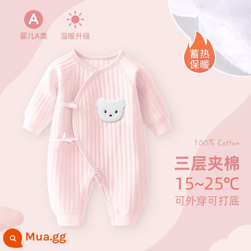 Bộ áo liền quần cho bé sơ sinh, bộ đồ ngủ cotton nguyên chất mùa xuân thu ấm áp cho bé, quần áo sơ sinh, áo choàng dày cho bé sơ sinh - Gấu bông màu hồng