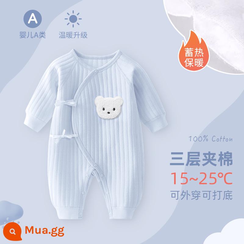 Bộ áo liền quần cho bé sơ sinh, bộ đồ ngủ cotton nguyên chất mùa xuân thu ấm áp cho bé, quần áo sơ sinh, áo choàng dày cho bé sơ sinh - gấu bông màu xanh