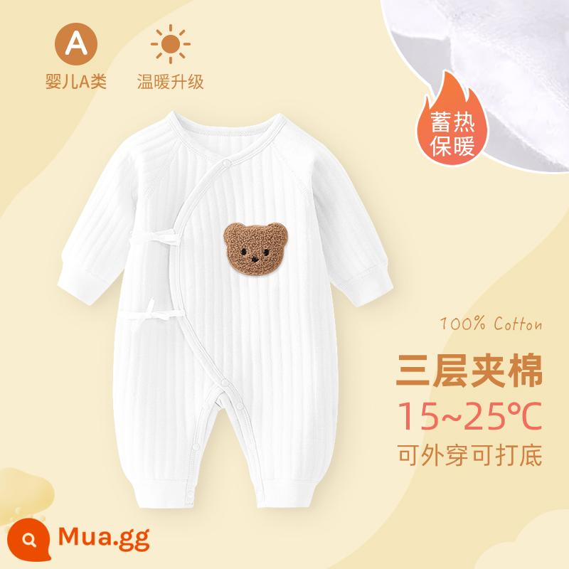 Bộ áo liền quần cho bé sơ sinh, bộ đồ ngủ cotton nguyên chất mùa xuân thu ấm áp cho bé, quần áo sơ sinh, áo choàng dày cho bé sơ sinh - gấu bông trắng