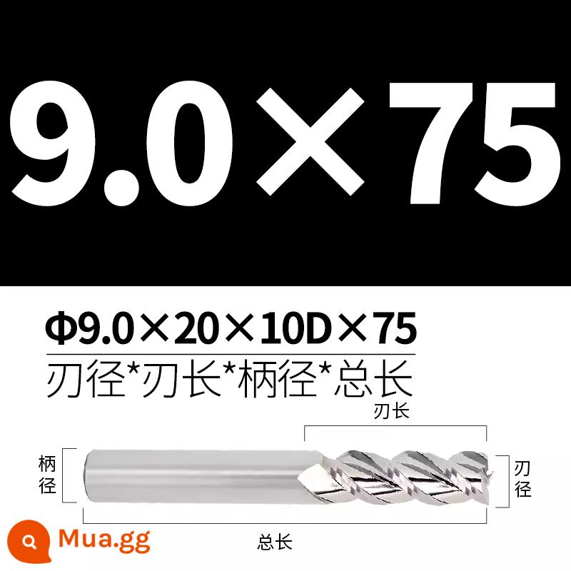 Dao phay hợp kim nhôm có độ bóng cao 60 độ Dao phay bằng nhôm 3 cạnh cứng đặc biệt CNC Công cụ CNC mở rộng bằng thép vonfram - D9*20*10D*75