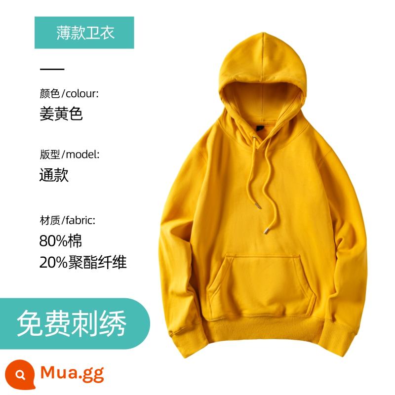 Áo len thêu logo theo yêu cầu in cotton nguyên chất cổ tròn cộng nhung dài tay quần áo bảo hộ lao động áo khoác may riêng cho hoạt động tập thể thu đông - Áo thun mỏng màu vàng gừng