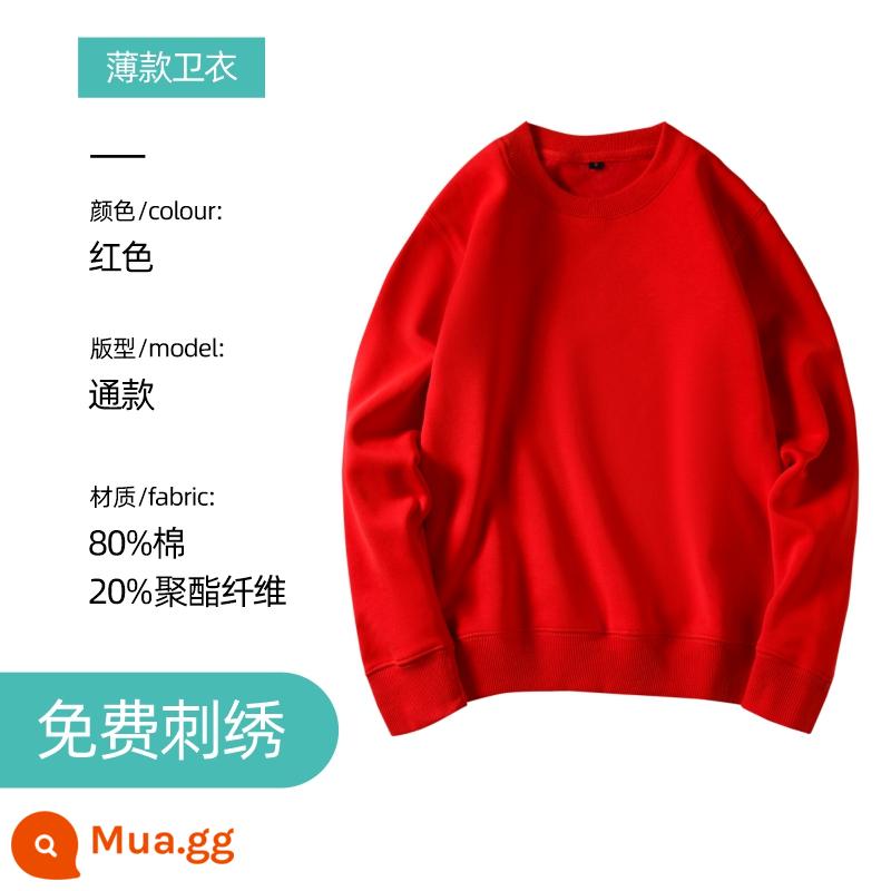 Áo len thêu logo theo yêu cầu in cotton nguyên chất cổ tròn cộng nhung dài tay quần áo bảo hộ lao động áo khoác may riêng cho hoạt động tập thể thu đông - Cổ tròn mỏng màu đỏ