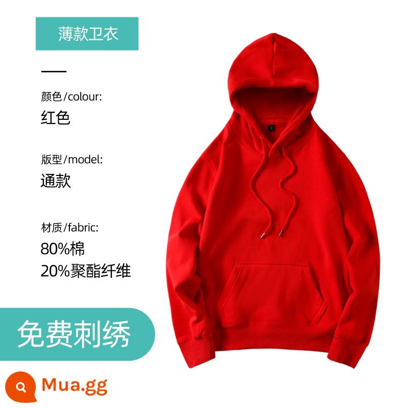 Áo len thêu logo theo yêu cầu in cotton nguyên chất cổ tròn cộng nhung dài tay quần áo bảo hộ lao động áo khoác may riêng cho hoạt động tập thể thu đông - Áo thun mỏng màu đỏ