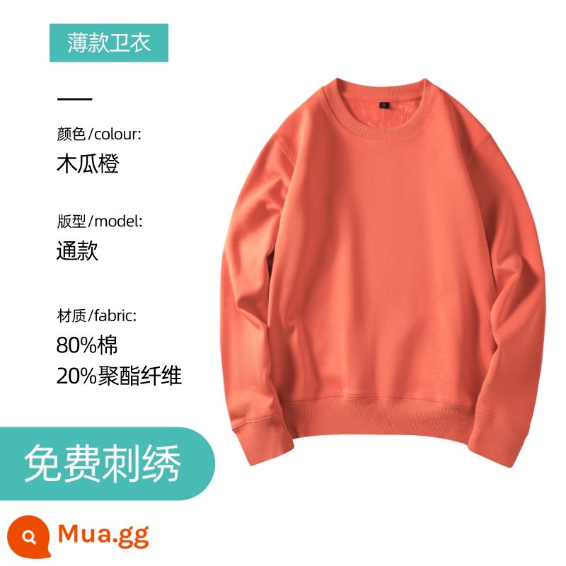 Áo len thêu logo theo yêu cầu in cotton nguyên chất cổ tròn cộng nhung dài tay quần áo bảo hộ lao động áo khoác may riêng cho hoạt động tập thể thu đông - Cổ tròn mỏng - cam đu đủ