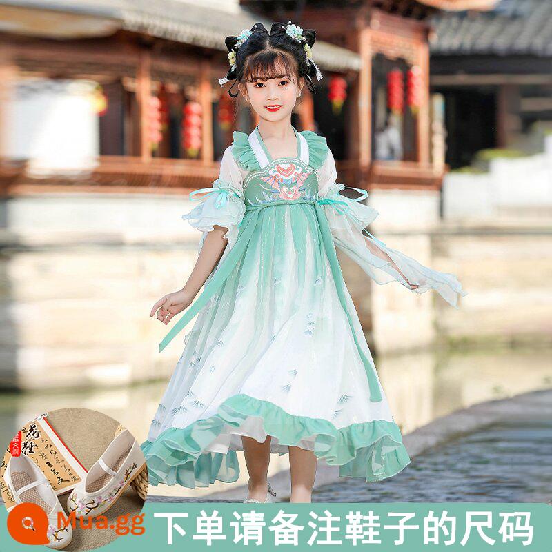 Hanfu Bé Trai Và Bé Gái Trang Phục Cổ Xưa 2023 Đồng Phục Học Sinh Trung Quốc Mới Cho Trẻ Em Trang Phục Biểu Diễn Tết Trung Thu Phong Cách Cổ Xưa Bộ Đồ Mùa Thu Siêu Cổ Tích - Ocean Princess-Tay ngắn màu xanh lá cây (Tay áo lông vũ miễn phí) + Giày (Cỡ ghi chú)